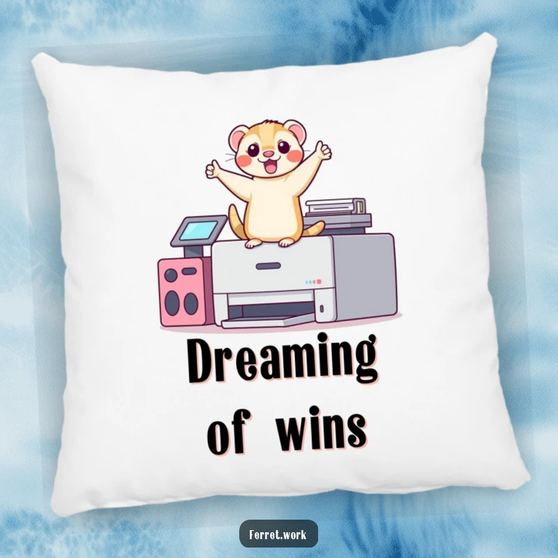 Funny kawaii office ferret performing a silly victory dance on top of a printer, a humorous and comforting pillow.