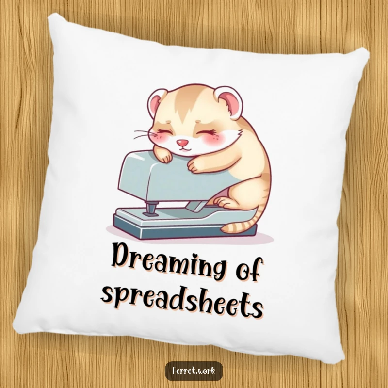 Funny kawaii office ferret sleeping on a stapler, a soft and amusing pillow design for ultimate comfort and laughs.