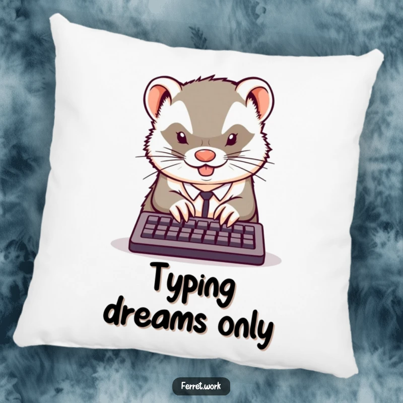 Funny kawaii office ferret typing furiously on a tiny keyboard, featured on a comfortable and humorous pillow.