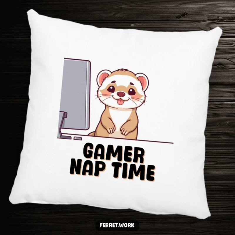 Funny decorative pillow featuring a ferret peeking from behind a computer screen with a wide, cheeky grin, perfect for tech enthusiasts, funny gift.
