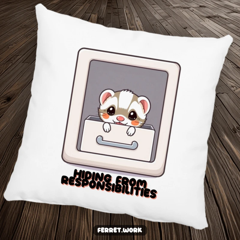 Funny kawaii office ferret peeking from a file drawer, a soft and humorous pillow design.