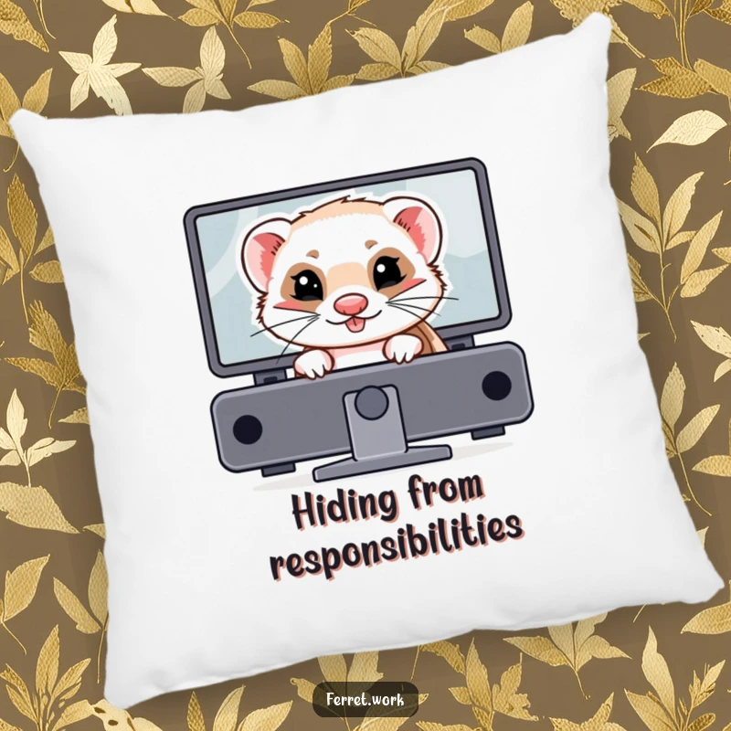 Funny ferret pillow featuring a mischievous ferret hiding behind a computer monitor. Comfy and playful.