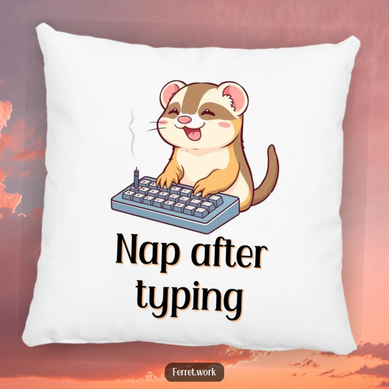 Funny Office Ferret Pillow: A kawaii ferret types on a smoking keyboard, a humorous and plush decorative item.