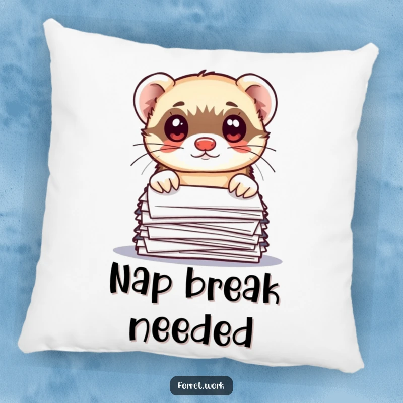 Funny kawaii office ferret peeking over documents with wide eyes, featured on a comfortable and humorous pillow.