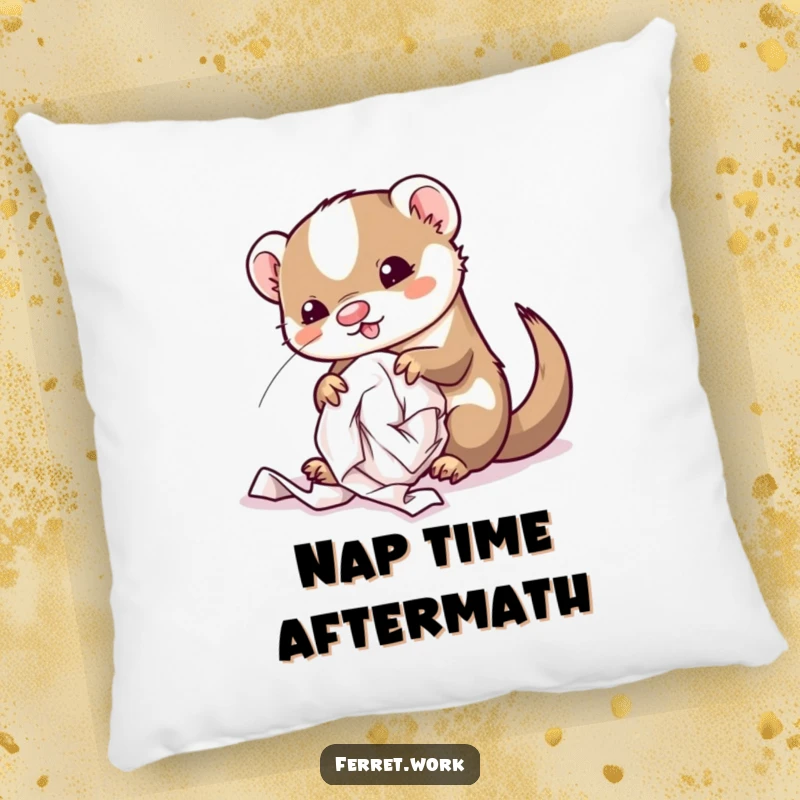 Funny kawaii office ferret nestled amongst crumpled paper, a charmingly messy pillow design.