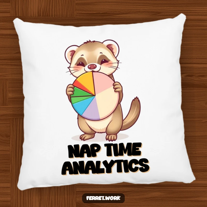 Funny pillow with a happy ferret enthusiastically presenting a colorful pie chart, offering comfort and a dose of data-themed amusement.