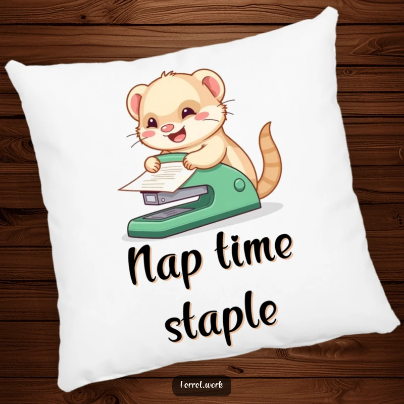 Funny kawaii office ferret happily stapling papers using a comically oversized stapler, a humorous and plush accent pillow.