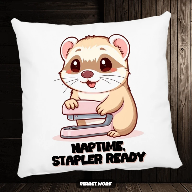 Funny pillow displaying a ferret offering a stapler with a happy nod, bringing office humor and comfort.