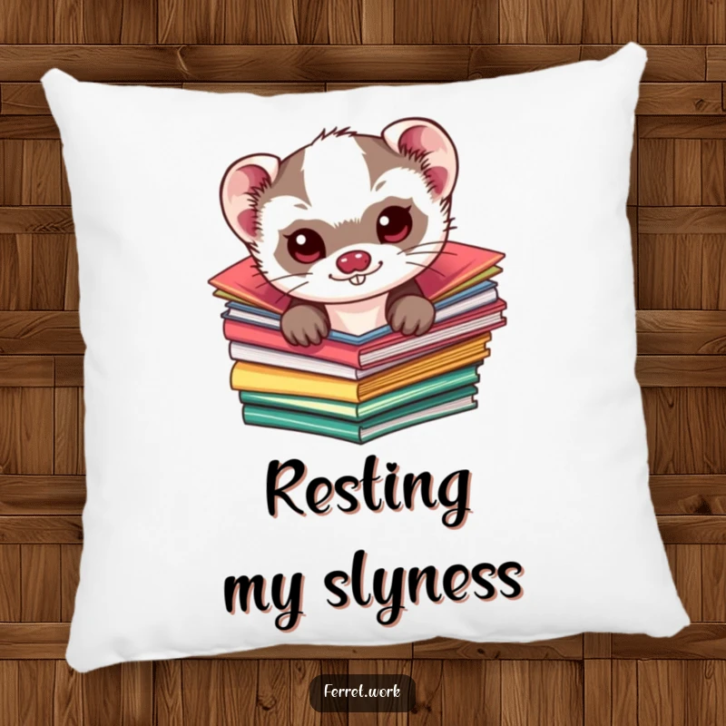Funny kawaii ferret pillow, a mischievous cute ferret peeking from colorful folders, offering cozy comfort and adorable humor.