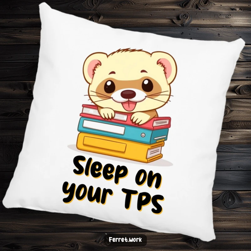 Funny ferret pillow: soft cushion featuring a mischievous ferret peeking from office files, adding a touch of humor to any space.