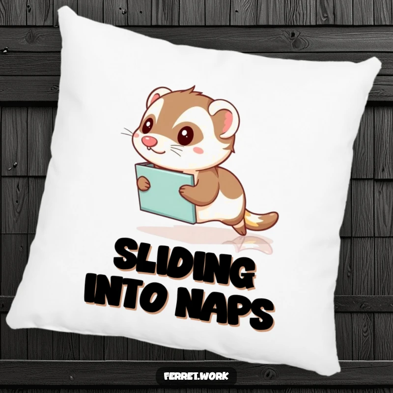 Funny Kawaii Office Ferret Pillow: A cute ferret comically slides on a file folder across a polished floor, offering cozy office humor.