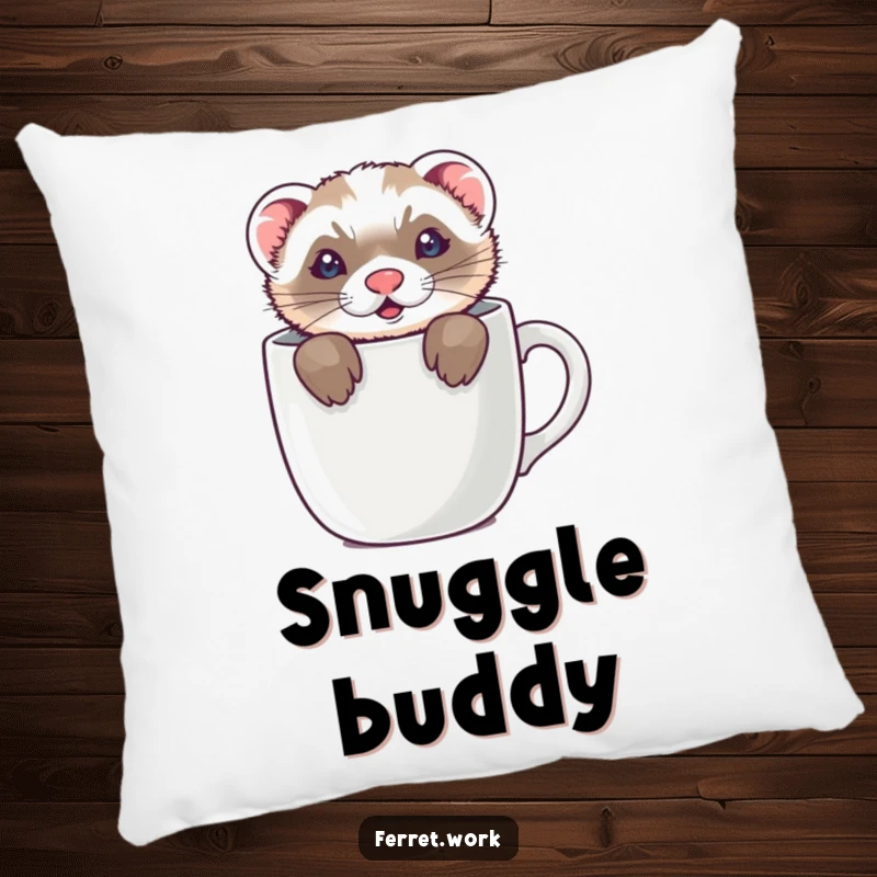 Funny pillow depicting a ferret peeking from a coffee mug with only its ears visible, a humorous and cuddly item.