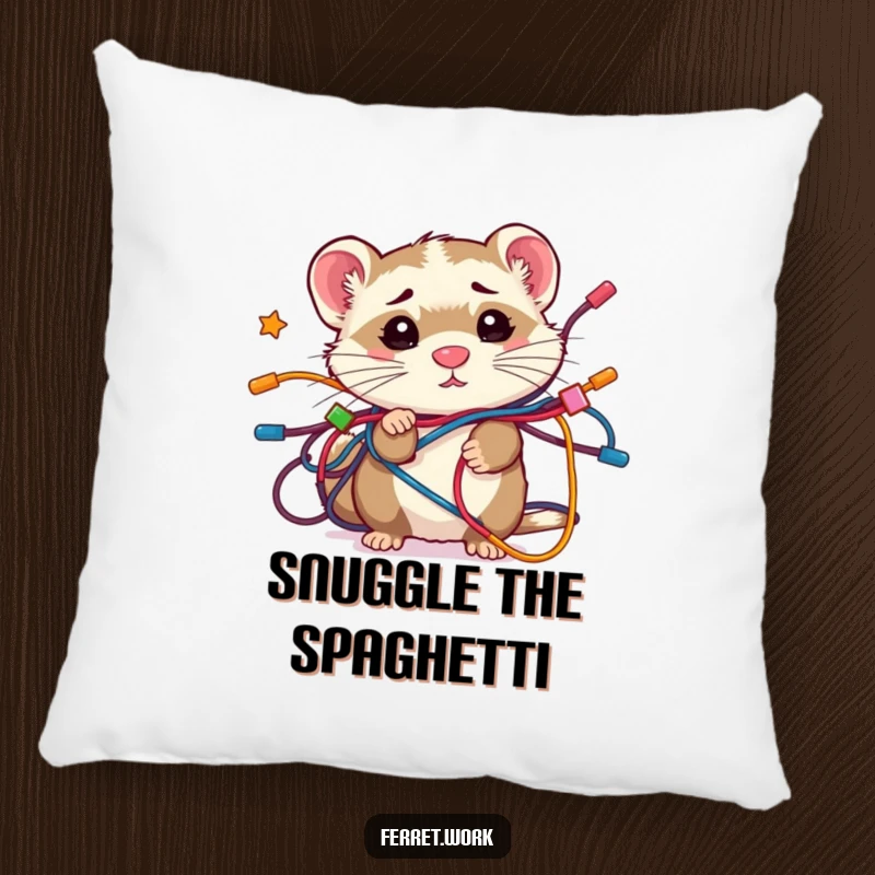 Funny confused kawaii office ferret wrapped in a knot of wires, a soft and humorous pillow for comfort.