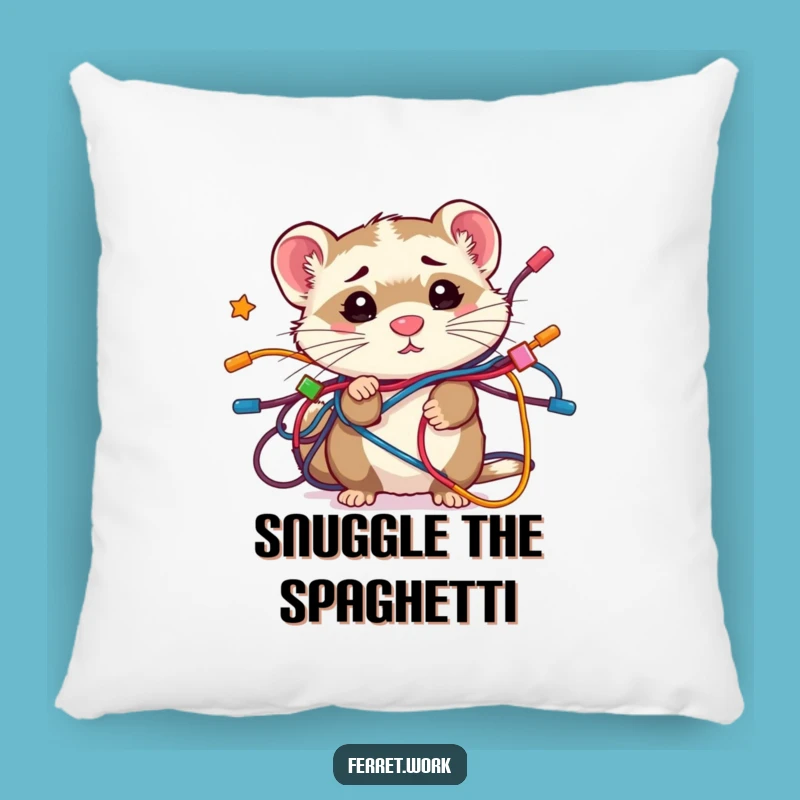 Funny Confused Kawaii Ferret Wire Tangle Pillow, Cozy Comfort and Tech Humor