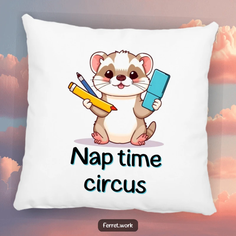 Funny kawaii office ferret juggling colorful office supplies with its paws, depicted on a soft and plush pillow.