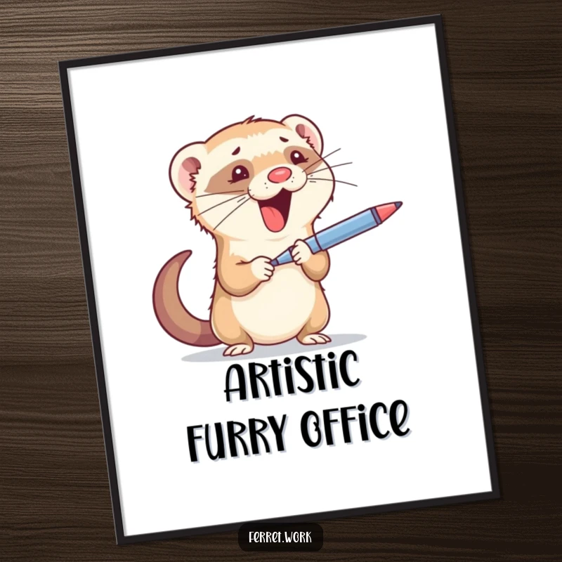 Funny digital art print: A quirky ferret balancing office items, adding a humorous and dynamic touch to digital spaces.