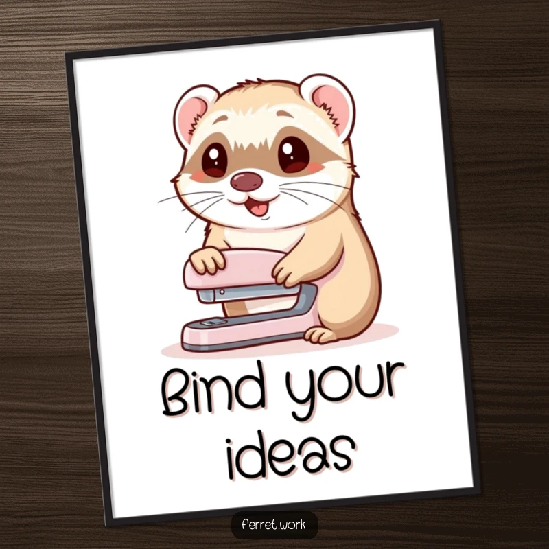 Funny digital art print of a cheerful ferret offering a stapler with a nod, ideal for humorous office decor.