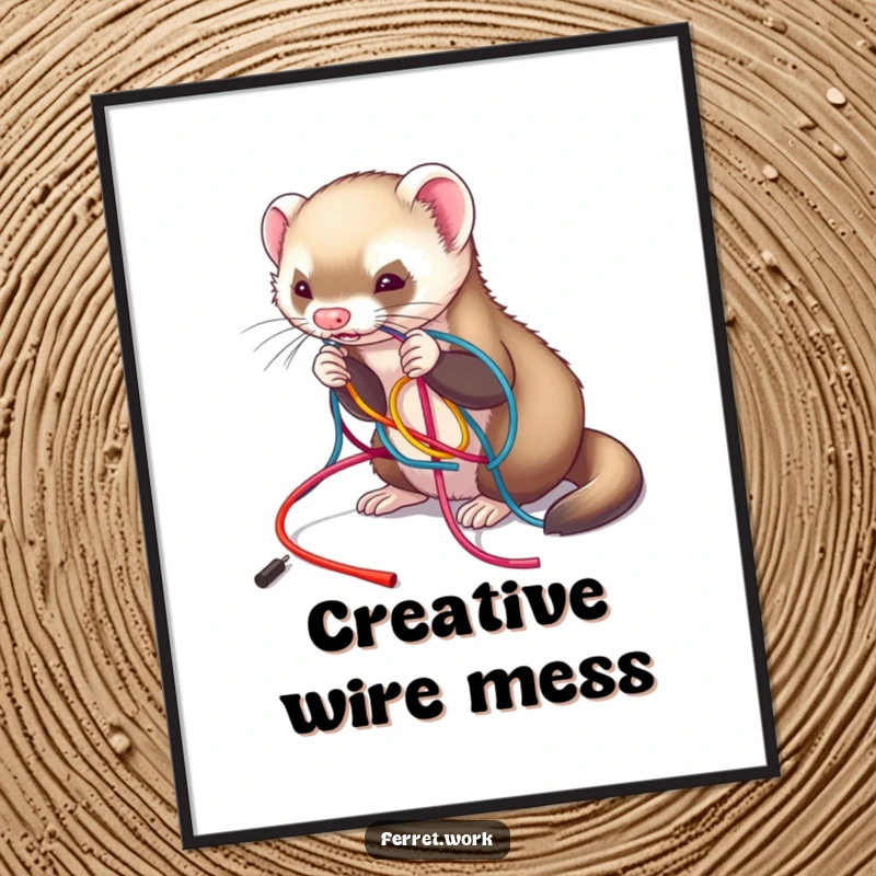 Funny digital art print of a ferret playfully untangling colorful wires, embodying charming chaos for wall decor, funny gift.