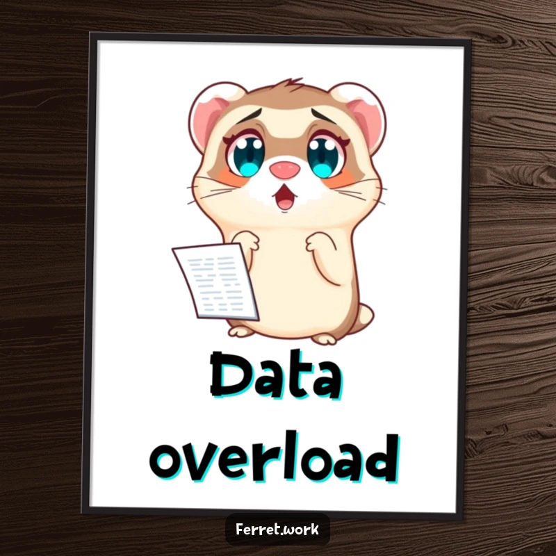 Funny digital art print of a ferret with exaggerated wide eyes, staring in shock at a complex spreadsheet. Office humor.