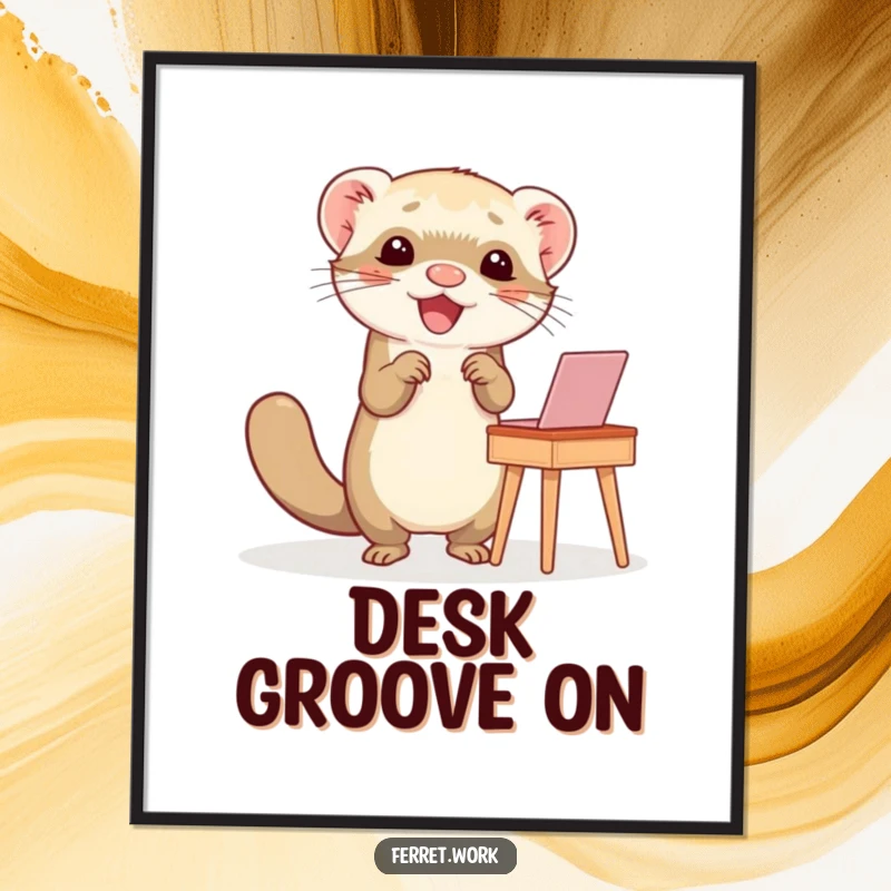 Funny digital art print of a ferret doing a happy dance at a small desk, ideal for humorous and energetic decor.