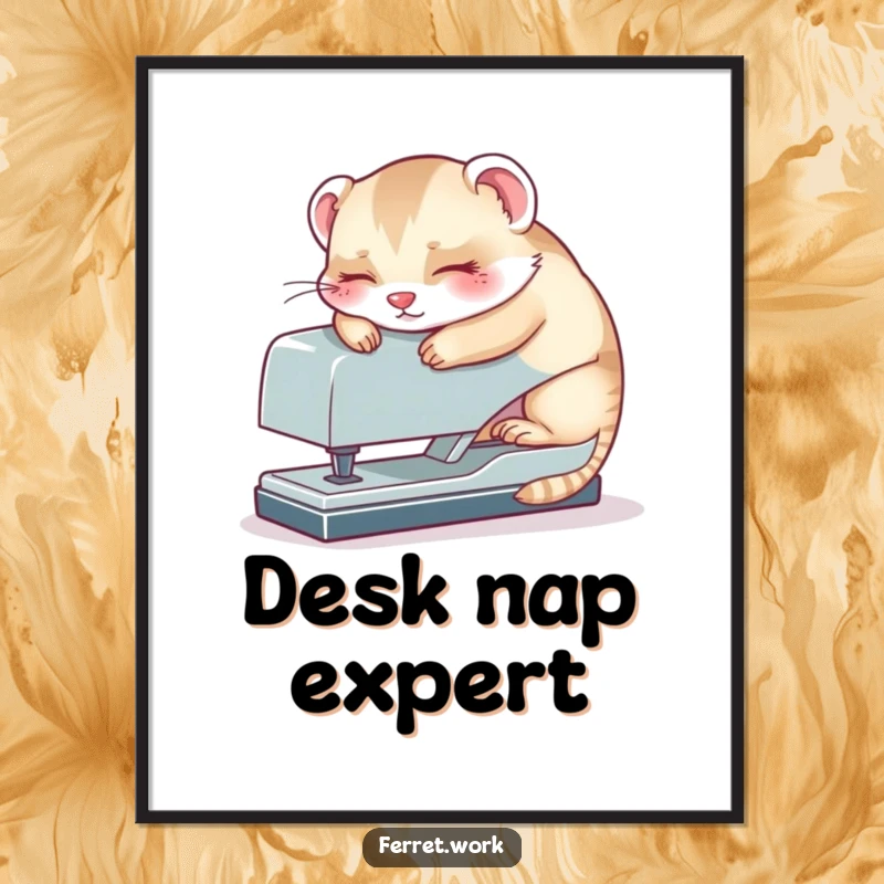 Funny kawaii office ferret sleeping on a large stapler, a charming digital art print conveying quirky workplace humor.