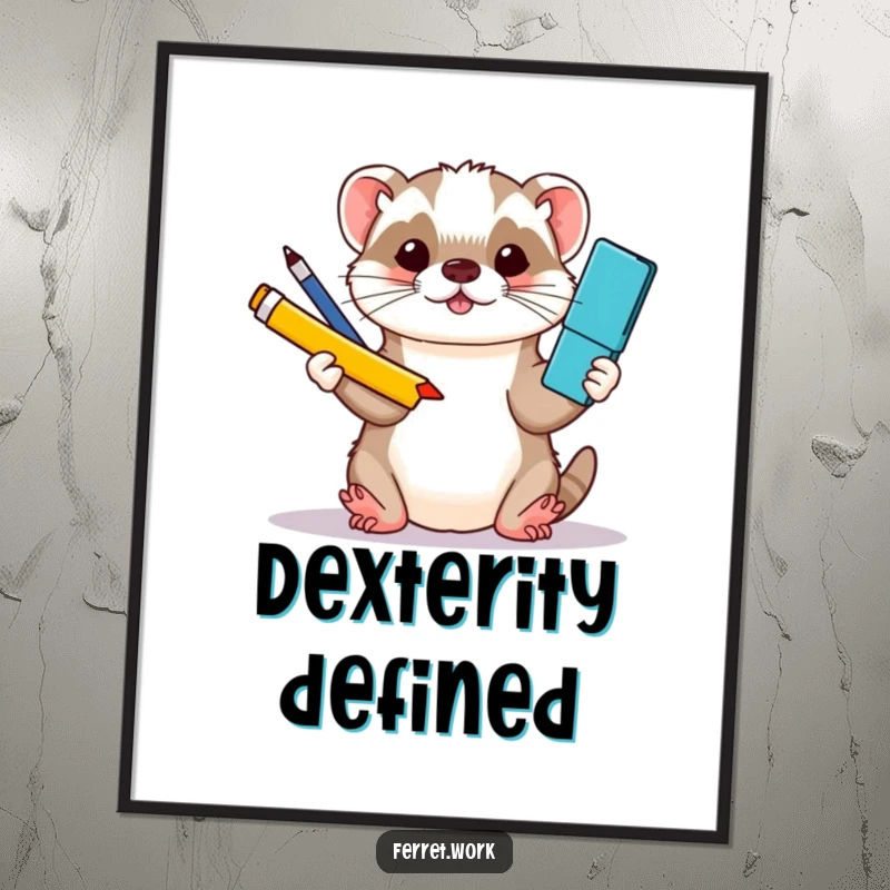 Funny kawaii office ferret juggling three colorful office supplies with its paws, available as a downloadable digital art print.