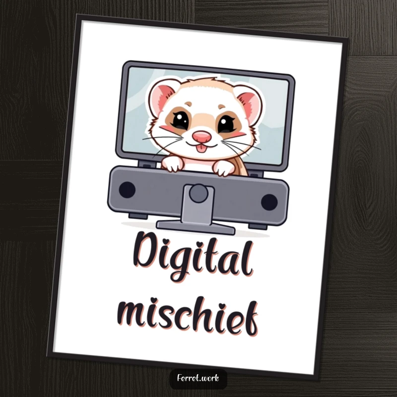 Funny ferret digital art print of a mischievous ferret hiding behind a computer monitor. Playful instant decor.