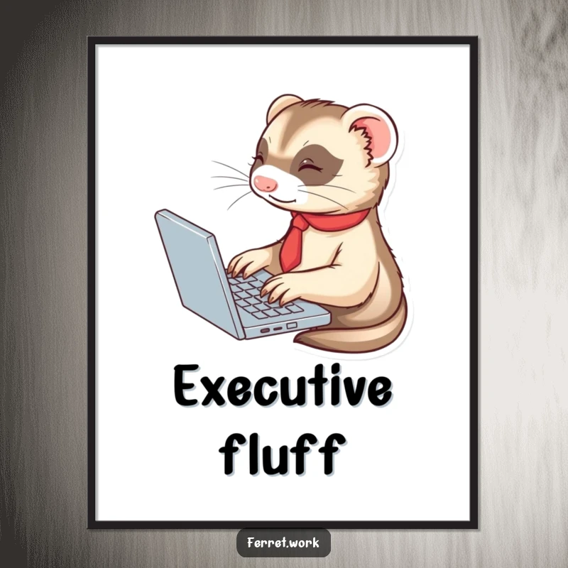 Funny ferret in a tie, typing enthusiastically on a laptop, as a downloadable humorous art print.
