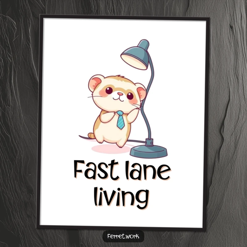 Funny kawaii office ferret wearing a tiny tie, sliding down a desk lamp cord, available as a digital art print.