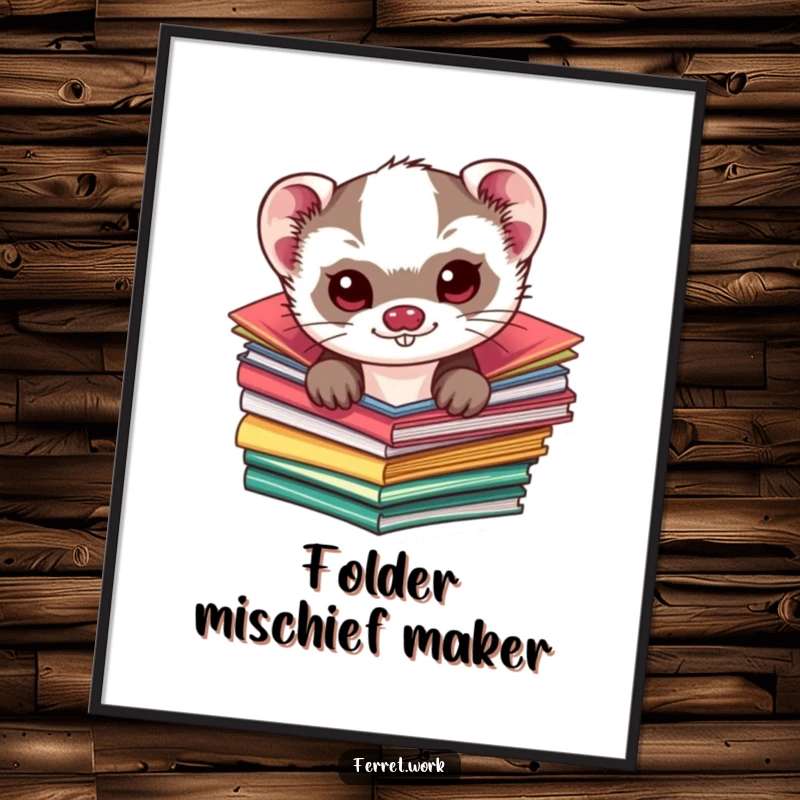 Funny kawaii ferret digital art print, a mischievous cute ferret peeking from colorful folders, offering instant, adorable, and humorous decor.