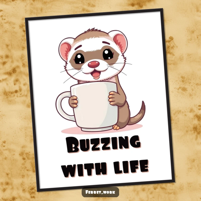 Funny ferret digital art print of an energized ferret holding a comically large coffee mug, instant download.
