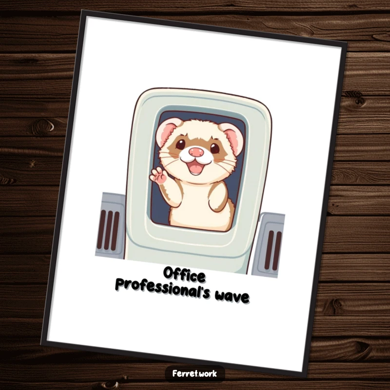 Funny digital art print: A cute ferret peeking out of a cubicle, offering a cheerful and friendly wave.