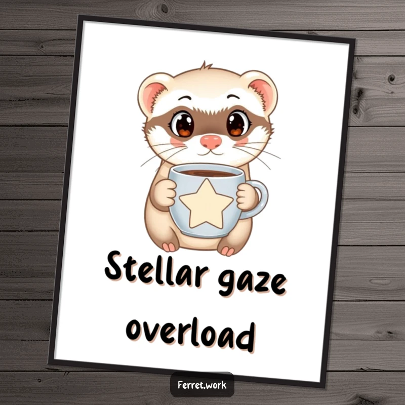 Funny Ferret Digital Art Print of a curious, wide-eyed ferret holding a star-shaped coffee mug, ready for instant download and display.