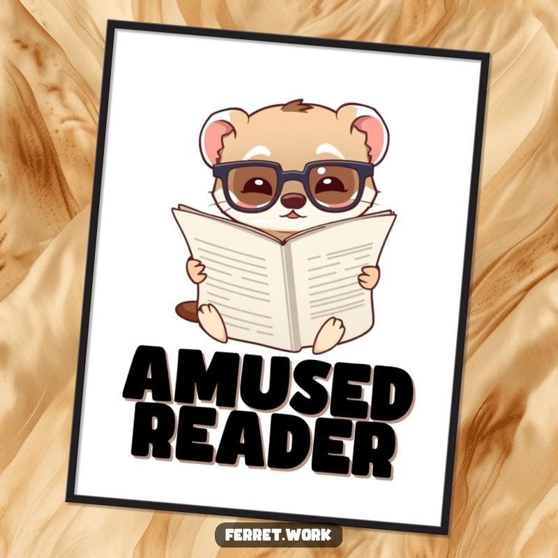 Funny digital art print of a ferret wearing glasses, looking amused while reading a very large document.