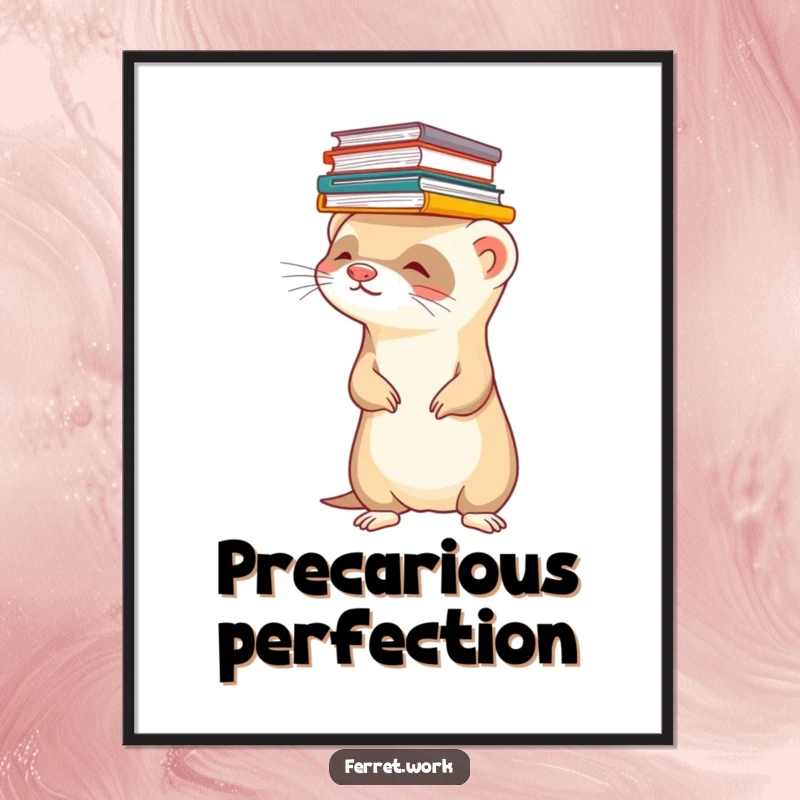 Funny ferret digital art print of a ferret balancing a stack of files on its head. Humorous instant decor.