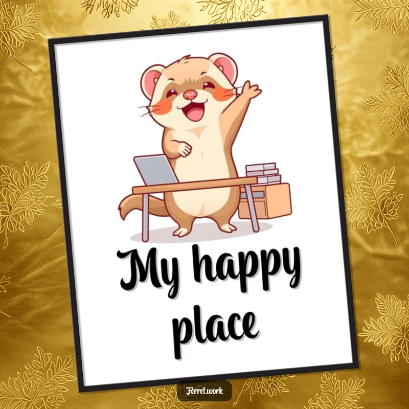 Funny ferret in a dynamic happy dance at a small desk, a high-resolution digital art print conveying pure joy.