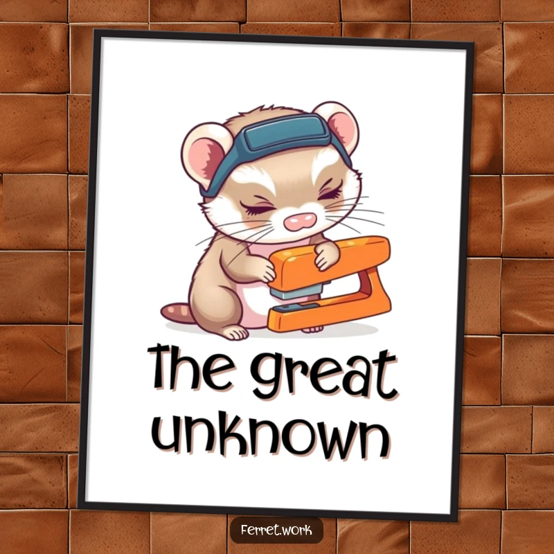 Funny ferret wearing a headlamp, curiously sniffing a stapler, as a downloadable humorous art print.