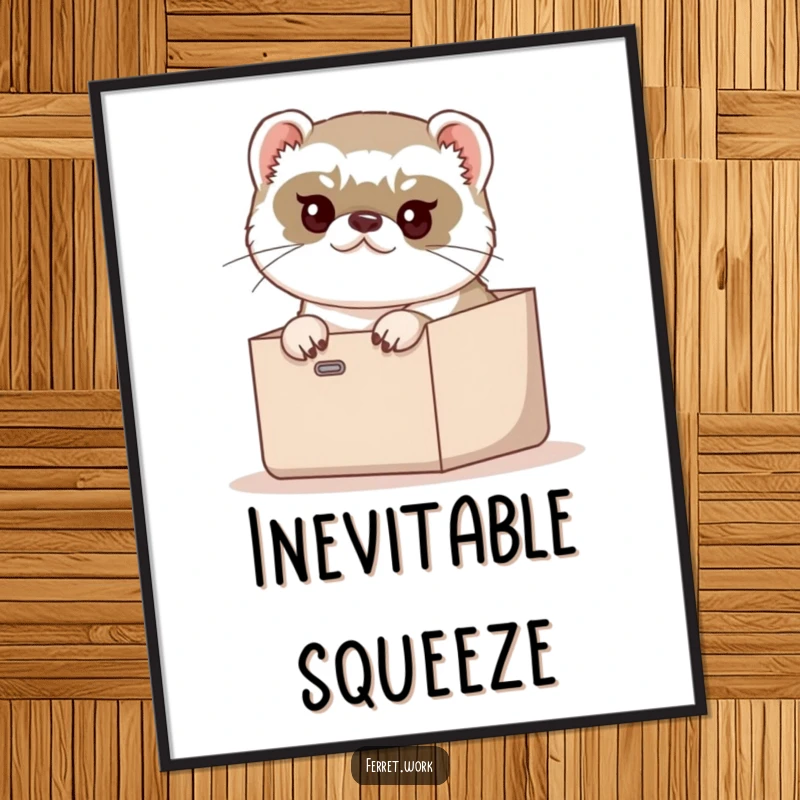 Funny Digital Art: A determined ferret humorously attempting to fit into a small inbox, printable decor.
