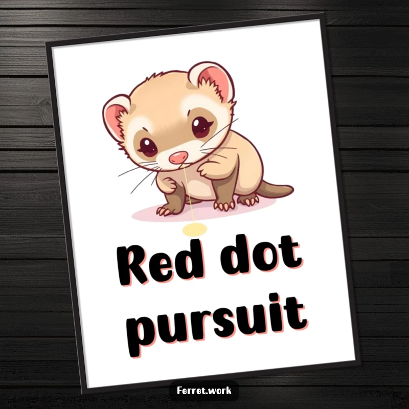 Funny digital art print of a ferret with extreme focus, energetically chasing a bright red laser pointer dot.