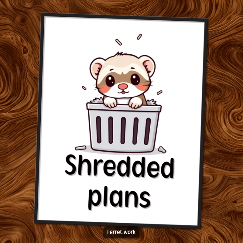 Funny ferret popping its head out of a paper shredder, captured in a humorous digital art print for decor.
