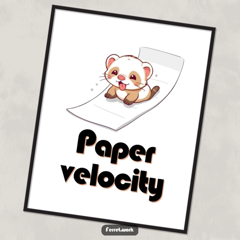 Ferret joyfully sliding down a ream of paper like a slide, as a downloadable humorous art print.