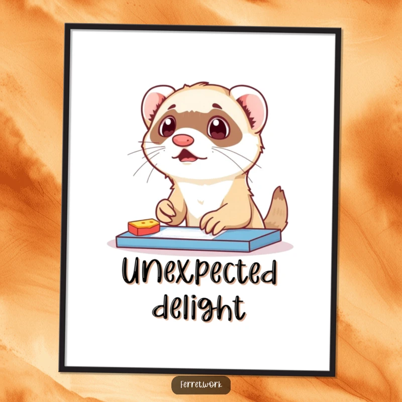 Funny ferret digital art print of a surprised ferret caught mid-snack at a desk. Hilarious instant decor.