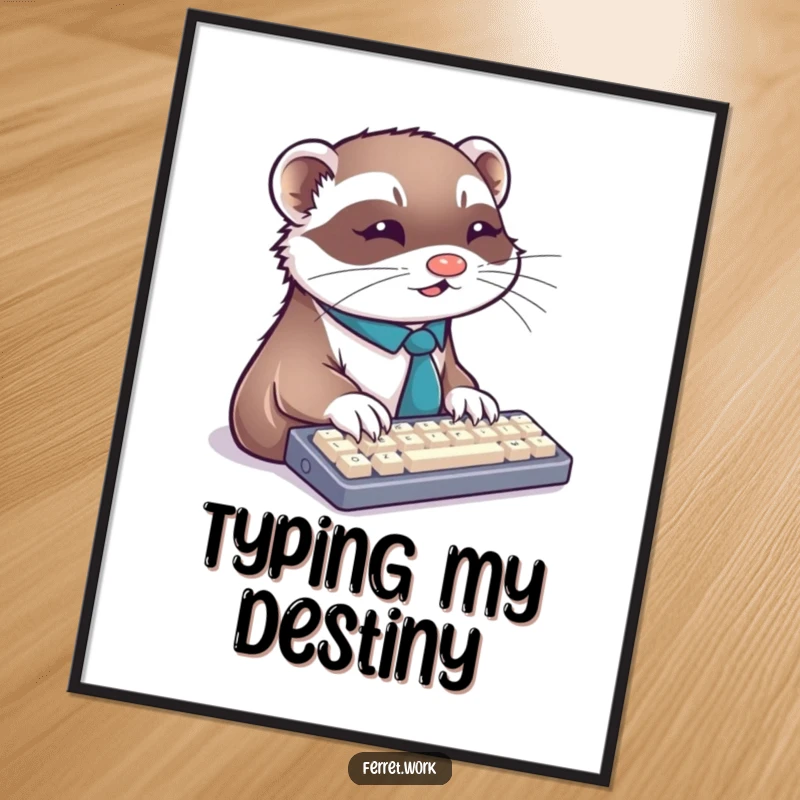 Funny ferret digital art print of a ferret in a tie typing furiously on a keyboard, perfect for office decor.