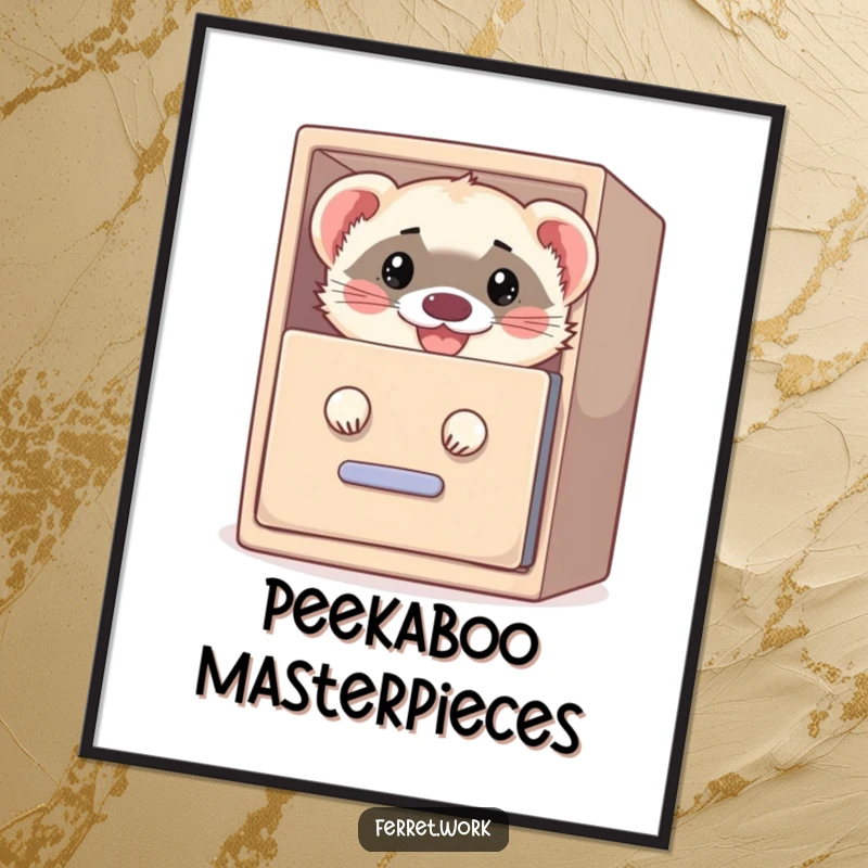 Funny digital art of a mischievous ferret peeking from a filing cabinet with a grin, perfect for humorous wall decor.
