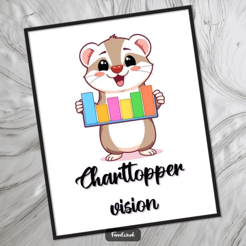 Funny kawaii ferret character enthusiastically presenting a colorful bar graph, rendered as a digital art print for humorous decor.