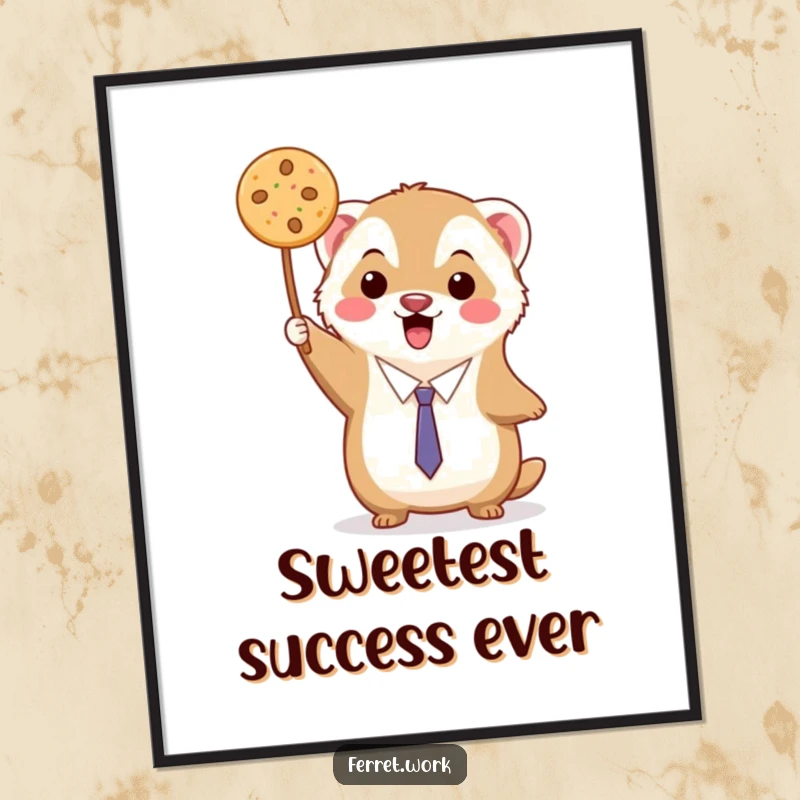 Funny kawaii office ferret triumphantly holding up a single delicious cookie, available as a digital art print.