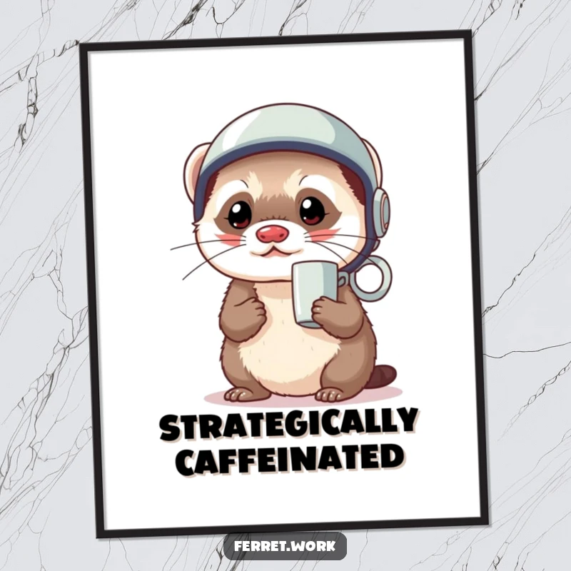 Funny kawaii office ferret wearing a coffee mug as a tiny helmet, looking ready, available as a digital art print.