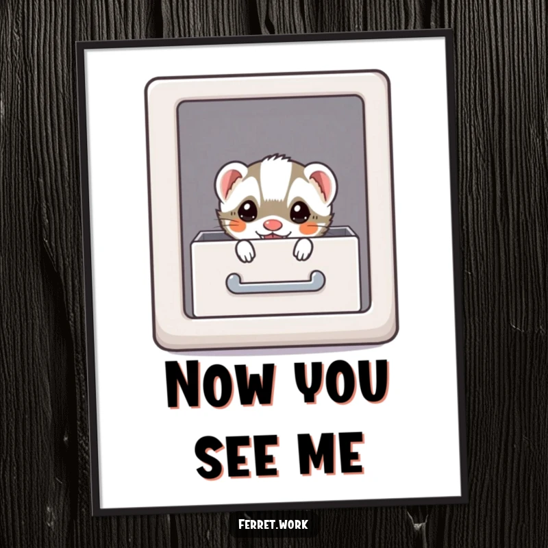 Funny kawaii office ferret peeking from a file cabinet, a humorous and cute digital art print.