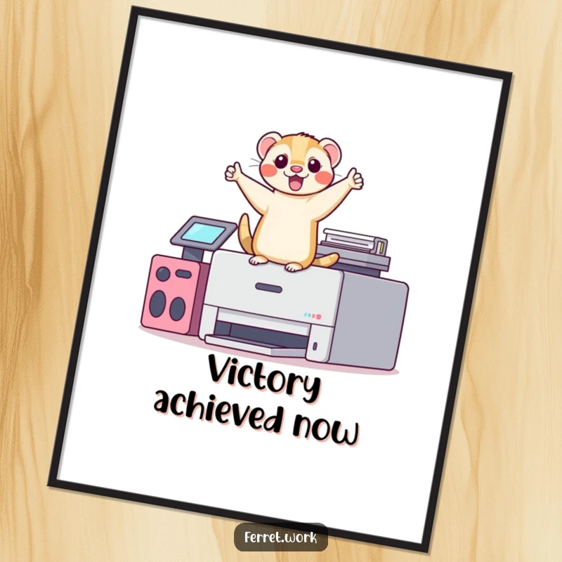 Funny kawaii office ferret doing a silly, energetic victory dance atop an office printer, humorous digital art print.