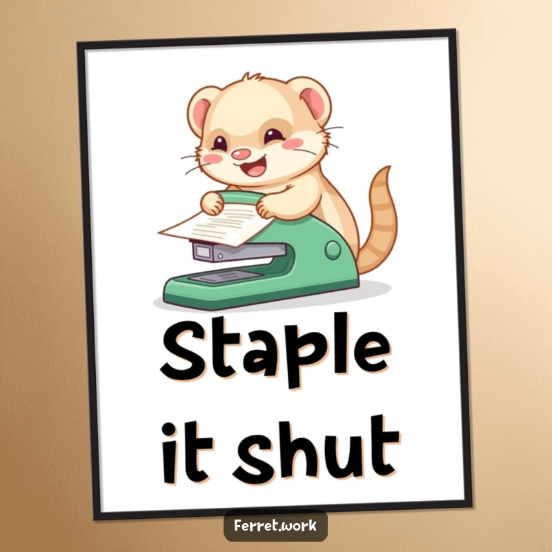 Funny kawaii office ferret joyfully stapling papers with a comically oversized stapler, humorous digital art print.